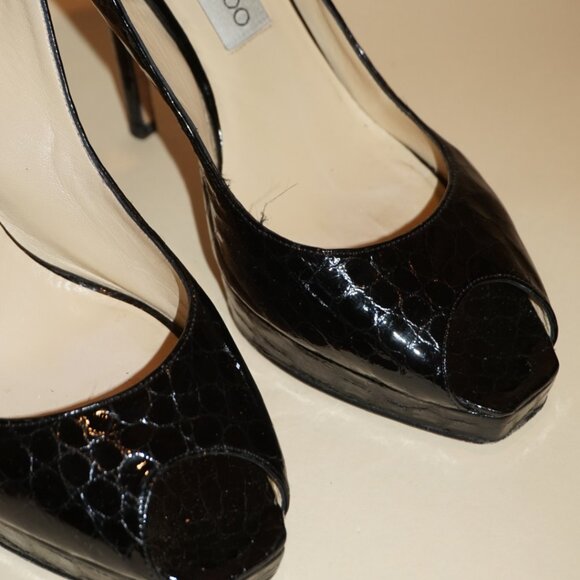 "Jimmy Choo" Croc Embossed Leather Peep Toe Slingback Heels - Size 39.5 - Picture 4 of 10